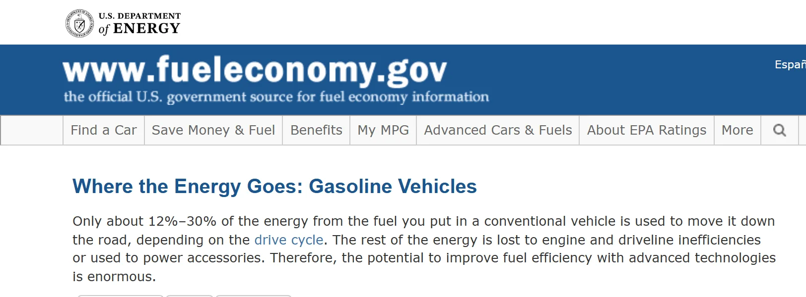 U.S. Department of Energy: only 12–30% of your fuel's energy actually moves your car — the rest is lost to engine inefficiency
